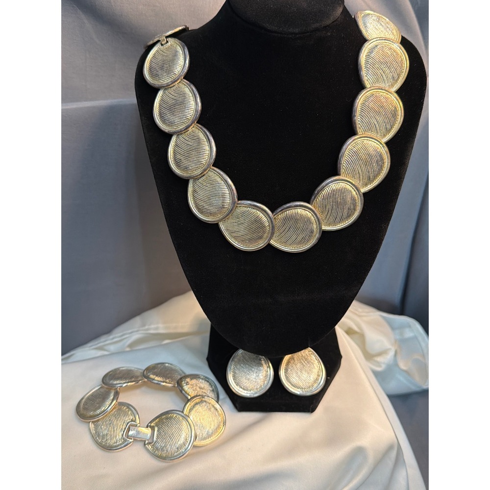 Signed Galbani USA Vintage Mesh Disc Necklace Bracelet Earring Jewelry Set